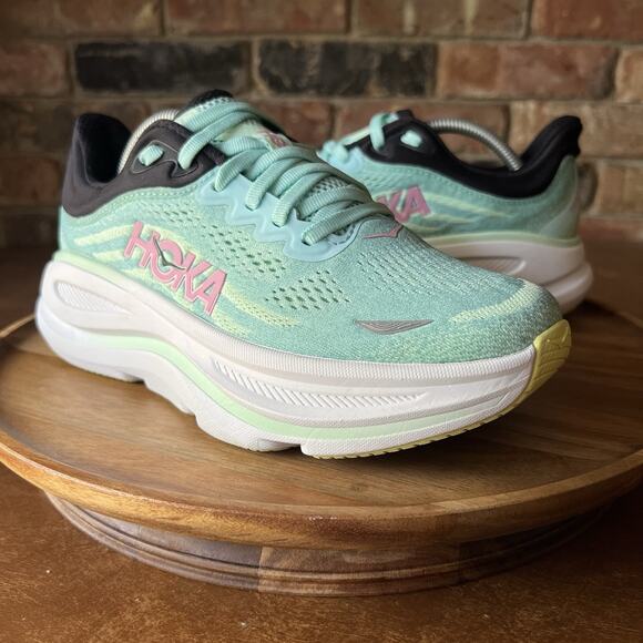 Hoka Bondi 9 Max Cushion Womens 7 Wide Green Pink Road Running Shoes Sneakers - Picture 2 of 16